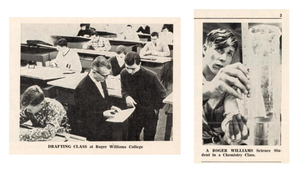 On left, instructor and student looking in drafting class. On right, student in chemistry class.