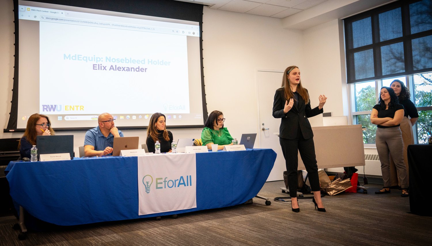 Sophomore Elix Alexander presents her winning business pitch at the EforAll Rhode Island Pitch Contest.
