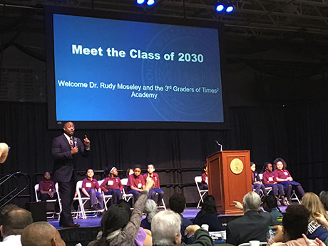 Executive Director&nbsp;Rudolph A. Moseley Jr. leads&nbsp;the third-grade class from a Providence STEM school&nbsp;in sharing their hopes of what they dream to become as the future Class of 2030.