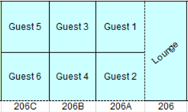 a graphic showing suite example 2 with three rooms with two beds in each