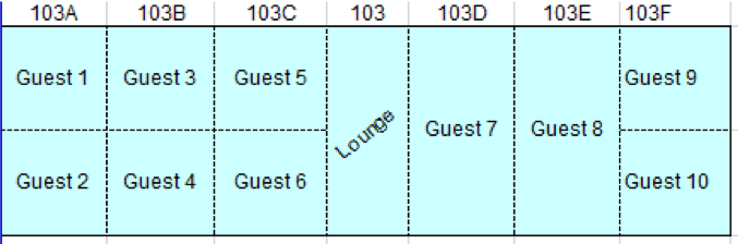 a graphic showing suite example 3 with two singles and four rooms with two beds in each