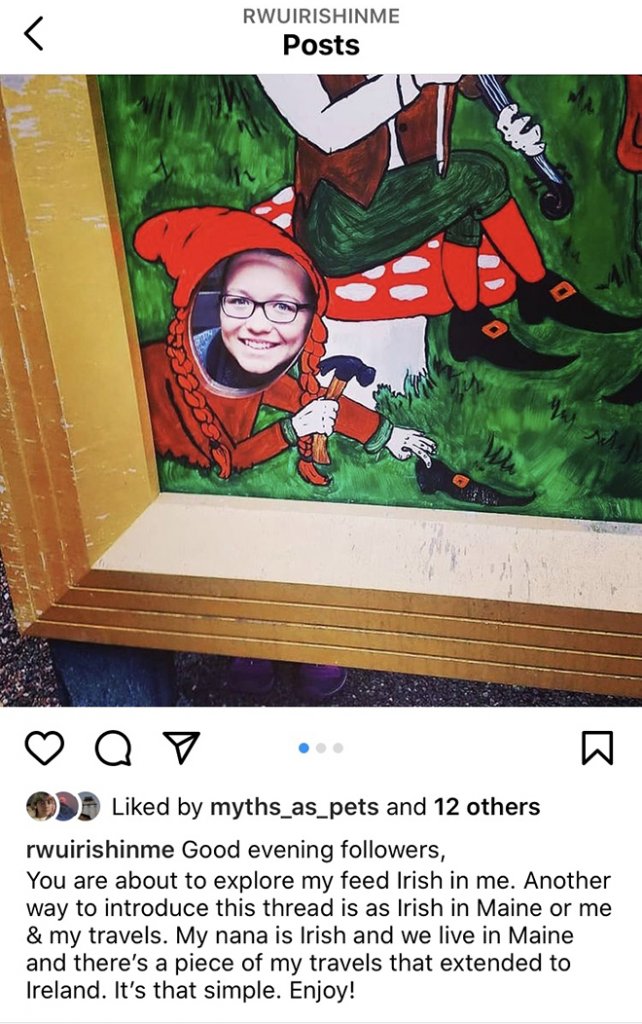 An instagram screenshot of a smiling woman's face in a leprechaun cutout 