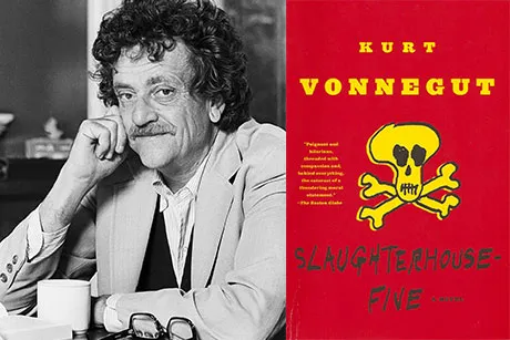 Kurt Vonnegut and the cover of Slaughterhouse-Five.