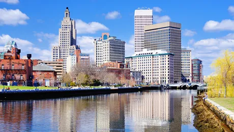 A photo of the Providence skyline on a sunny day