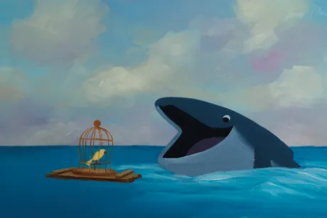 Painting of bird in cage and whale on the surface of the ocean.