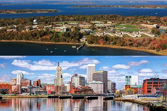 split image of RWU's Bristol campus and Providence campus