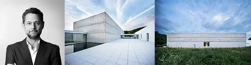 A portrait of Miguel Quismondo and a set of photographs of a concrete building designed by his firm
