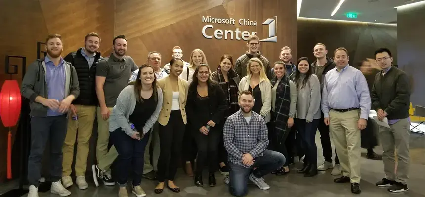 MBA students and faculty stand for a photo at Microsoft China Center