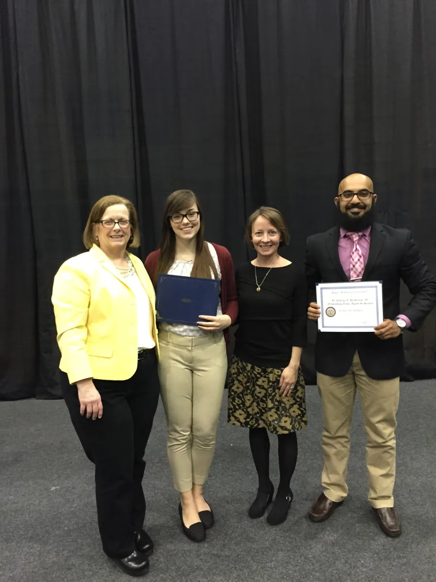 From left: 2016 Henderson Outstanding Tutor Award recipients Abigail DeVeuve in writing and Faihan Alfahani in science. They are congratulated by Coordinator of Writing Center Karen Bilotti (far left) and Coordinator of Science Center Tracey McDonnell Wysor (second from right). (Missing from photo is Kristina Biyad, Outstanding Tutor in Math. See next photo!)